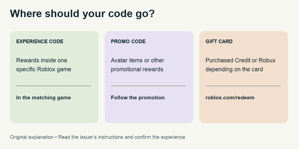 Three redemption routes: experience codes in the matching game, promotional codes as directed by the promotion, gift cards on Roblox redeem